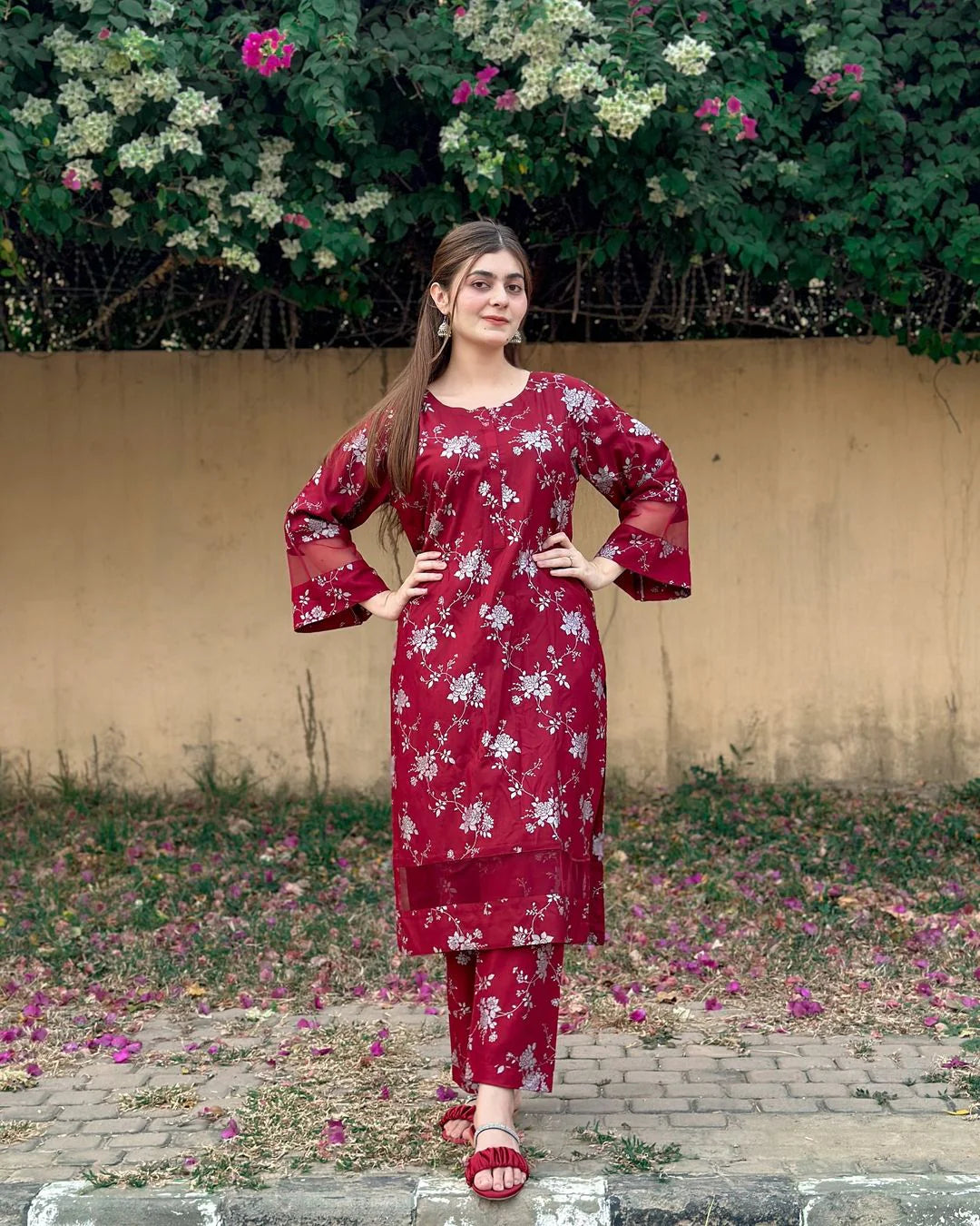 2pcs flower printed suit Stitched Suit Stone Winter linen Suit WINTER COLLECTION  (maroon)