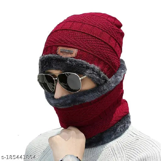 Head &amp; Neck Cap Beanies Combo - woolen winter beanie cap with neck warmer muffler for men and women